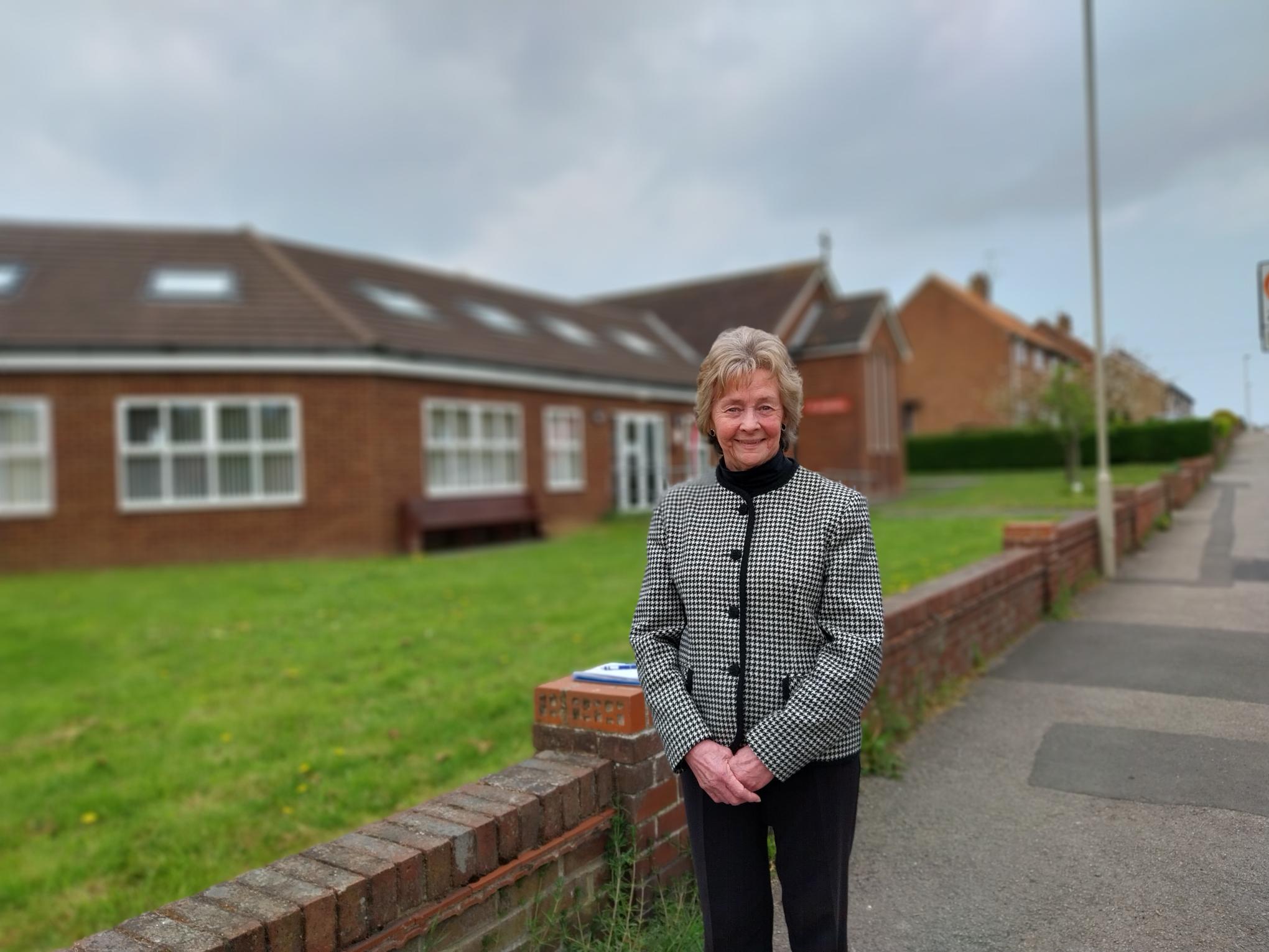 - Rev Pam Ward outside Wreyfield Drive Methodist Church in Scarborough