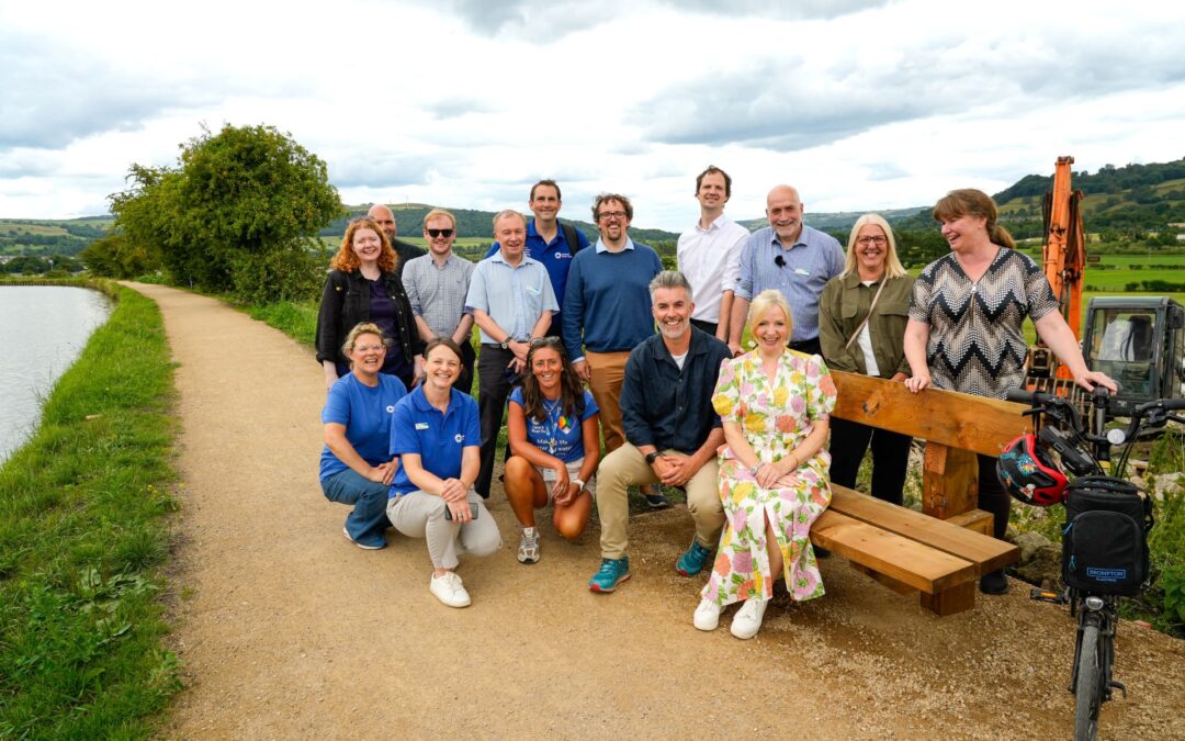 Group photo on the canal towpath including David Skaith Mayor of York and North Yorkshire, Tracy Brabin Mayor of West Yorkshrie, and staff from the Canal & River Trust, York and North Yorkshire Combined Authority and West Yorkshire Combined Authority