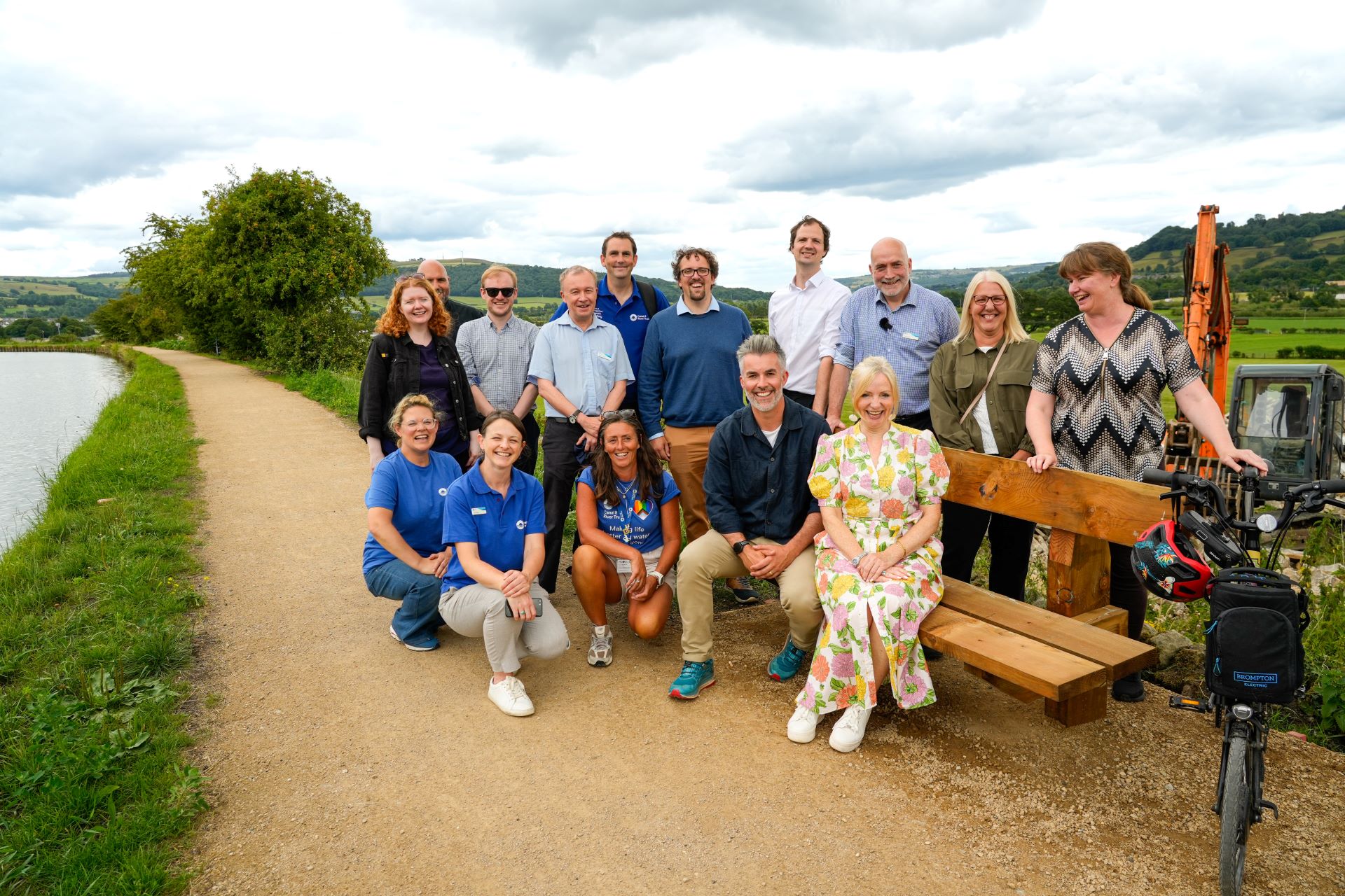 Group photo on the canal towpath including David Skaith Mayor of York and North Yorkshire, Tracy Brabin Mayor of West Yorkshrie, and staff from the Canal & River Trust, York and North Yorkshire Combined Authority and West Yorkshire Combined Authority