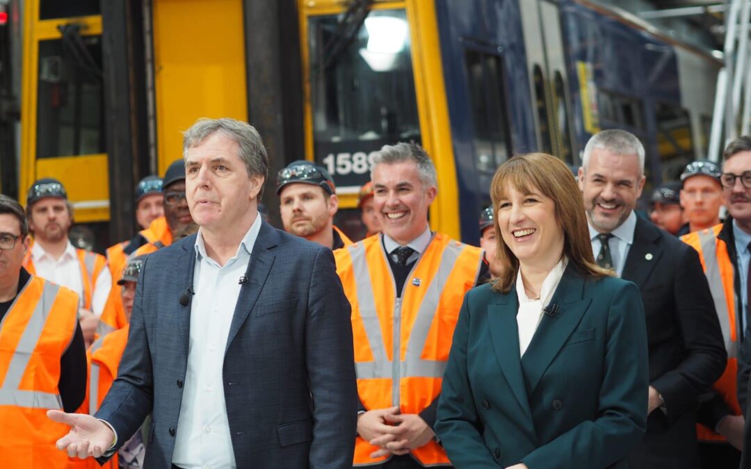 Labour Mayors including Steve Rotheram and David Skaith with Rachel Reeves and railway staff at Leeds Train Station for the launch of £45 billion for northern rail