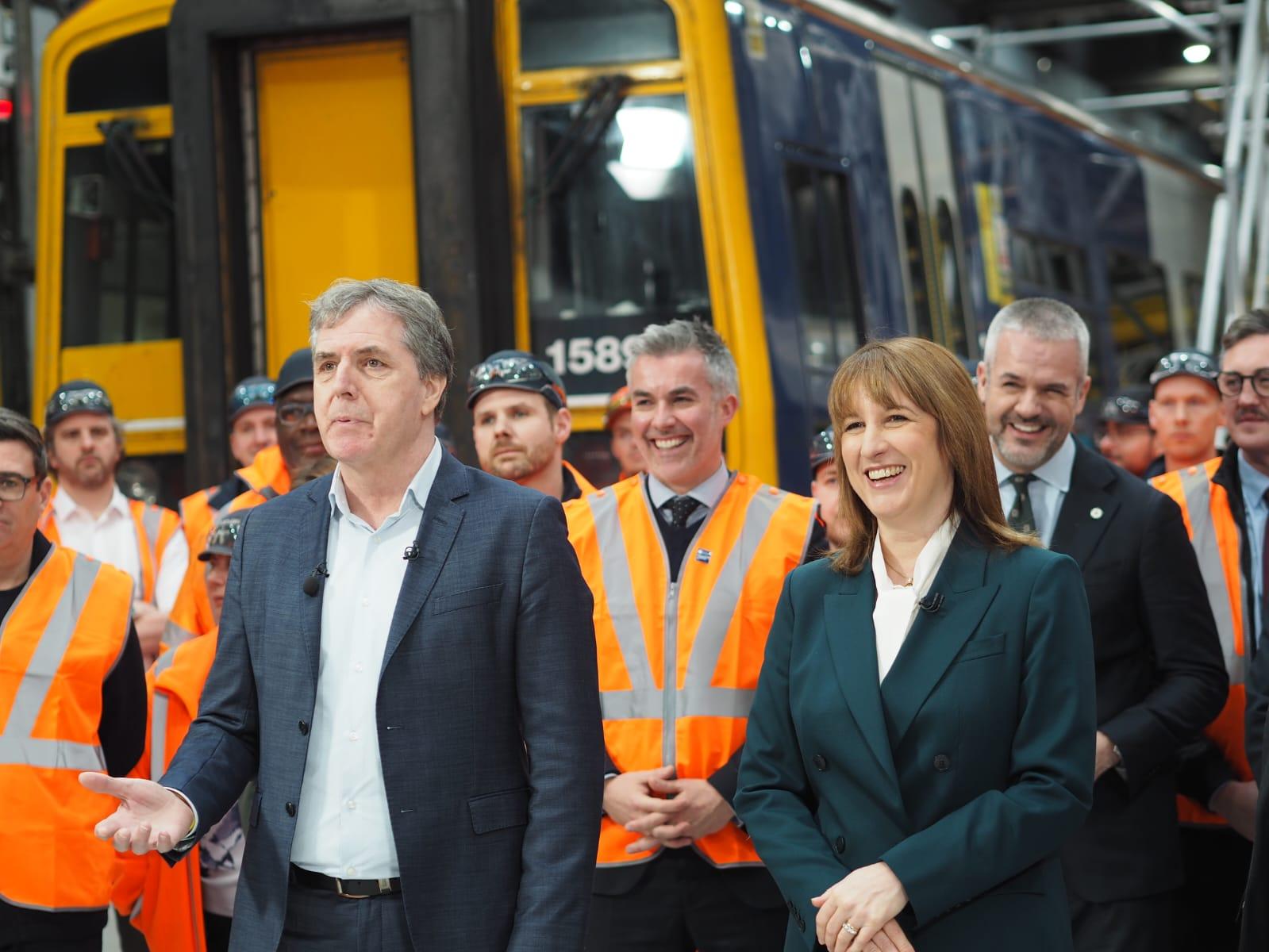 Labour Mayors including Steve Rotheram and David Skaith with Rachel Reeves and railway staff at Leeds Train Station for the launch of £45 billion for northern rail