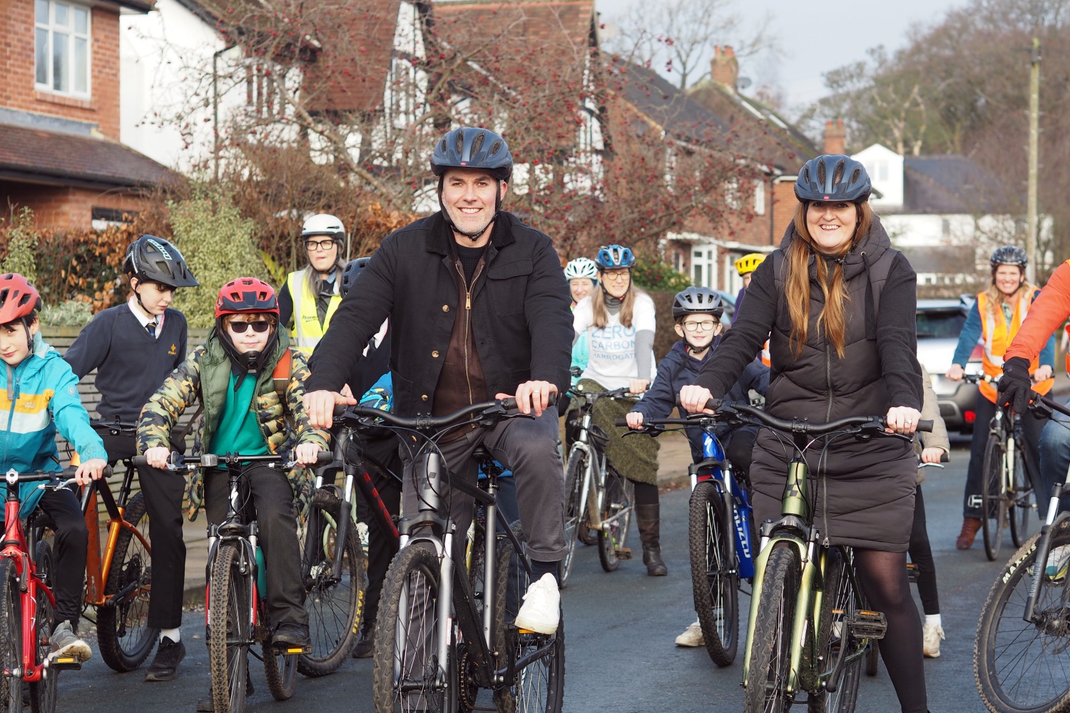 Mayor David Skaith and Active Travel Commissioner Rhiannon Letman-Wade at the launch of the Mayor's Active Travel Fund in Harrogate, cycling down Beechwood Grove
