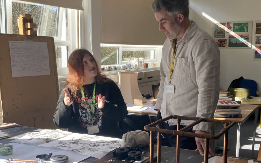 Mayor David Skaith speaks to art and design student at Scarborough TEC