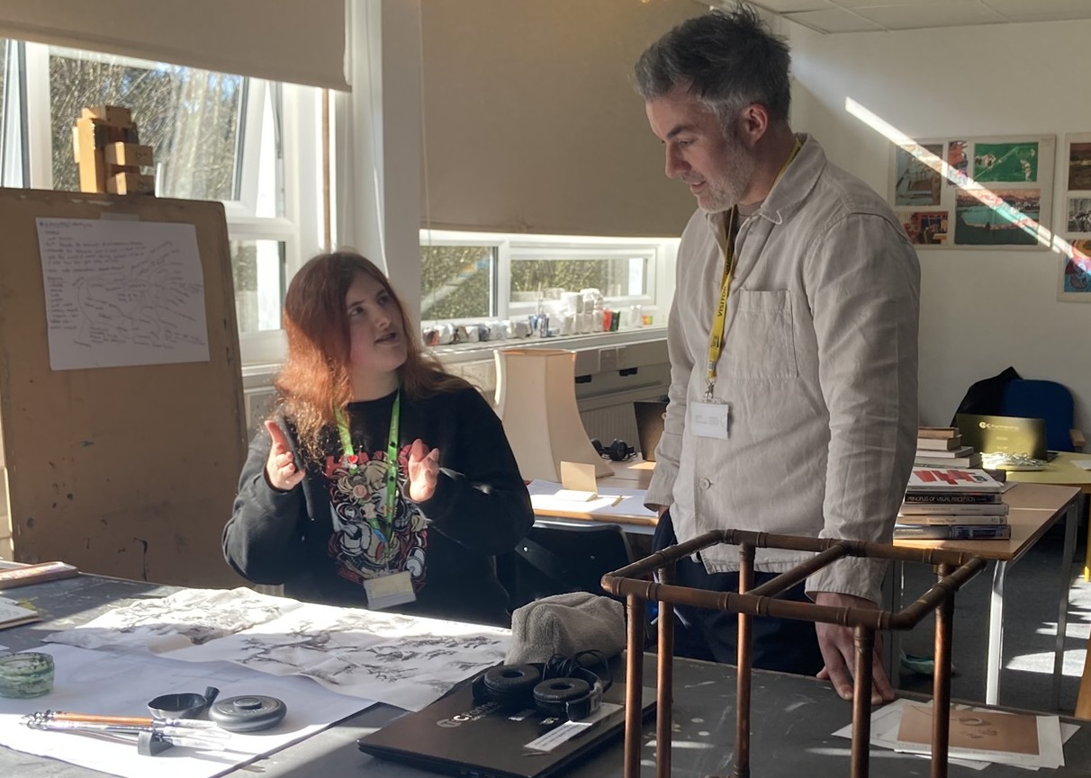 Mayor David Skaith speaks to art and design student at Scarborough TEC