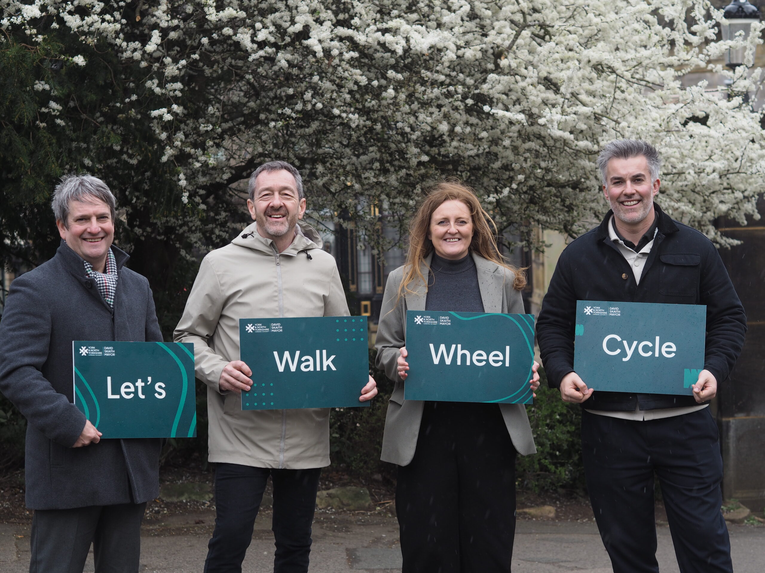 Let’s Walk Wheel Cycle From left to right, David Watson CEO North Yorkshire Sport, National Active Travel Commissioner Chris Boardman, Active Travel Commissioner for York and North Yorkshire Rhiannon Letman-Wade, and the Mayor of York and North Yorkshire David Skaith
