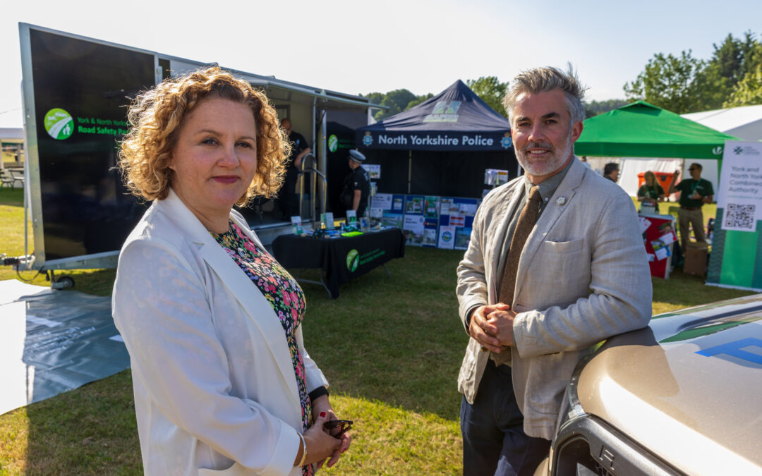 Mayor David Skaith and Deputy Mayor for Policing Fire and Crime Jo Coles standing infront of the Road Safety Partnership Trailer at the Great Yorkshire Show
