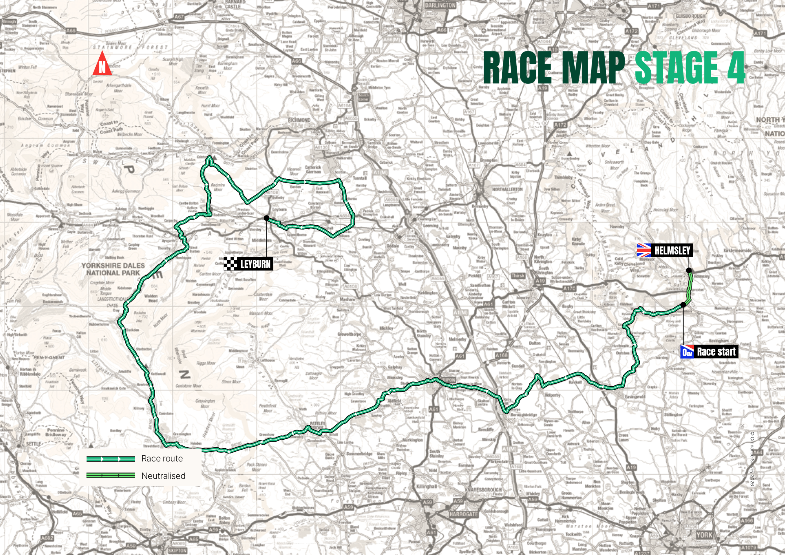 Stage 4 route map Map showing the route of the Lloyds Tour of Britain 2026 in North Yorkshire